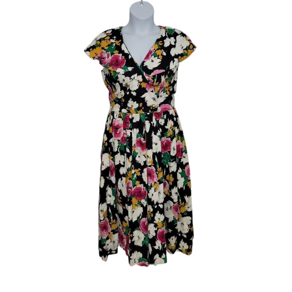 VINTAGE 80s dress bold‎ floral dark cottagecore sleeveless midi M
